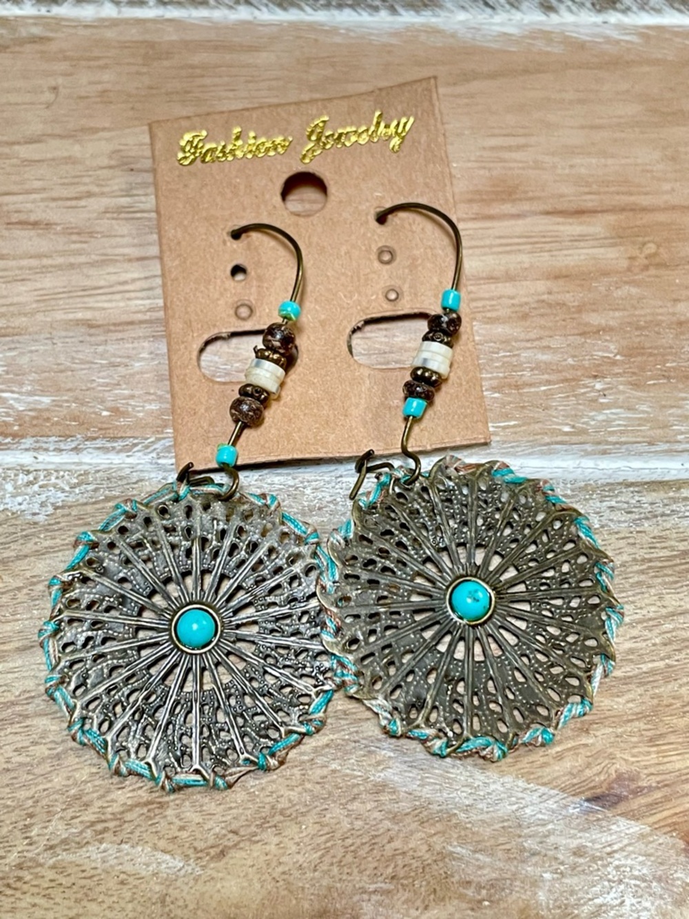 Fashion Jewelry Turquoise and Antique Gold Filigree Disc Earrings